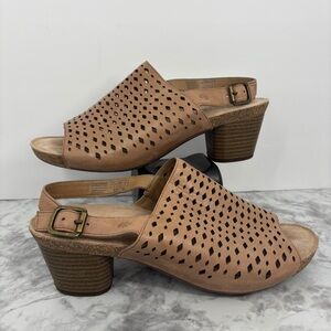 Joseph Seibel Tan cut out Leather sling back Mules cork footbed block Heel sz 40